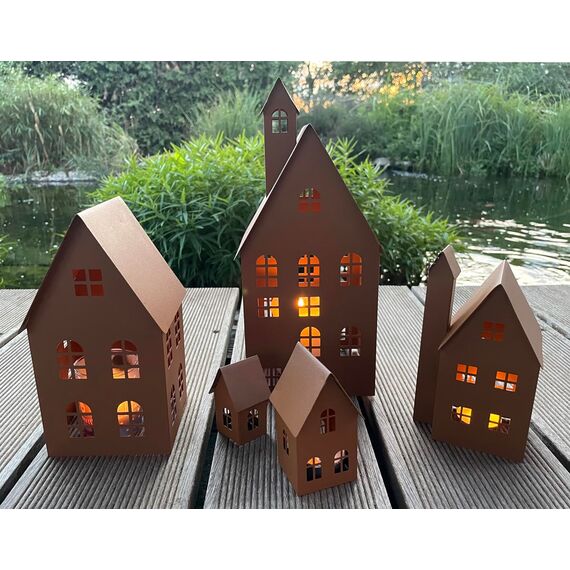 LB H&F 5er Set Häuser Gartendeko Lichthäuser AUFSTELLER Haus Dekoration Dekofigur Herbst Winter Metall Rost (Lichthaus)