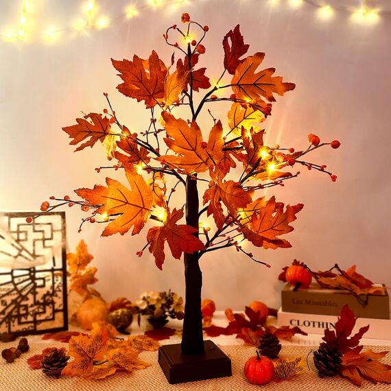 ACAREY Herbstdeko Ahornblatt Baum Lichter, 61cm Herbst Dekoration Lichterbaum Für Innen mit Timer, Herbst Deko Lichterbaum Herbstblätter Kürbis Deko Für Tisch Halloween Herbstdeko Zum Aufhängen