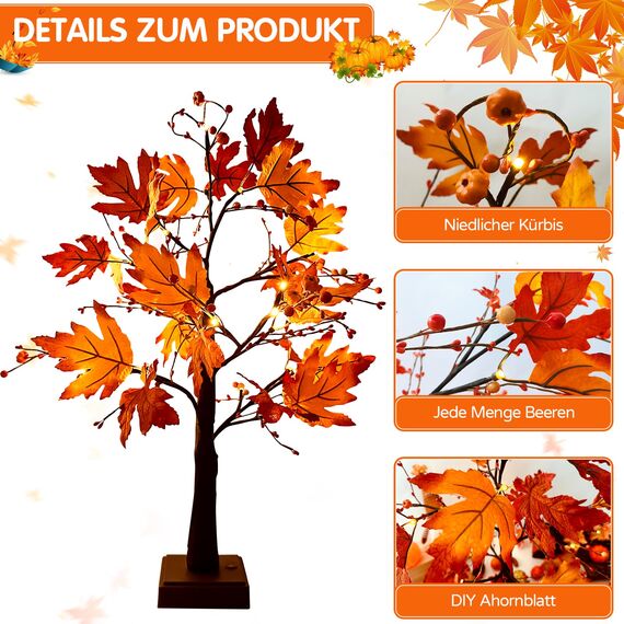 ACAREY Herbstdeko Ahornblatt Baum Lichter, 61cm Herbst Dekoration Lichterbaum Für Innen mit Timer, Herbst Deko Lichterbaum Herbstblätter Kürbis Deko Für Tisch Halloween Herbstdeko Zum Aufhängen