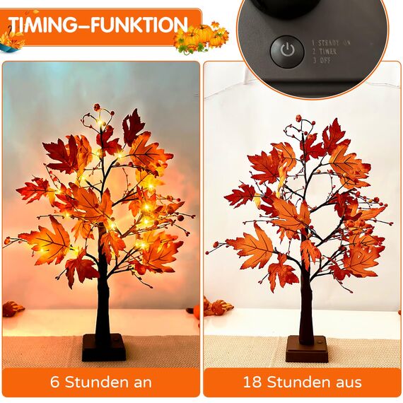 ACAREY Herbstdeko Ahornblatt Baum Lichter, 61cm Herbst Dekoration Lichterbaum Für Innen mit Timer, Herbst Deko Lichterbaum Herbstblätter Kürbis Deko Für Tisch Halloween Herbstdeko Zum Aufhängen