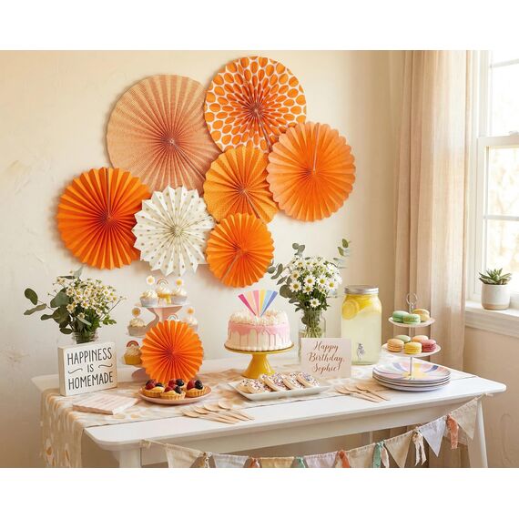 SUNBEAUTY 7er Papier Fächer Dekoration Rot Orange Papierfächer Rosetten Deko Peach Girlande Deko-Serie für Hochzeit Geburtstag Thanksgiving Gartenparty Tischdeko Klassenzimmer
