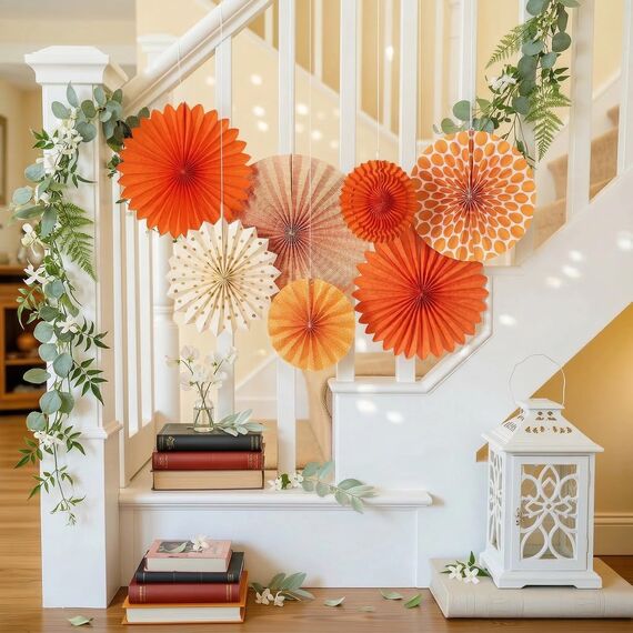 SUNBEAUTY 7er Papier Fächer Dekoration Rot Orange Papierfächer Rosetten Deko Peach Girlande Deko-Serie für Hochzeit Geburtstag Thanksgiving Gartenparty Tischdeko Klassenzimmer
