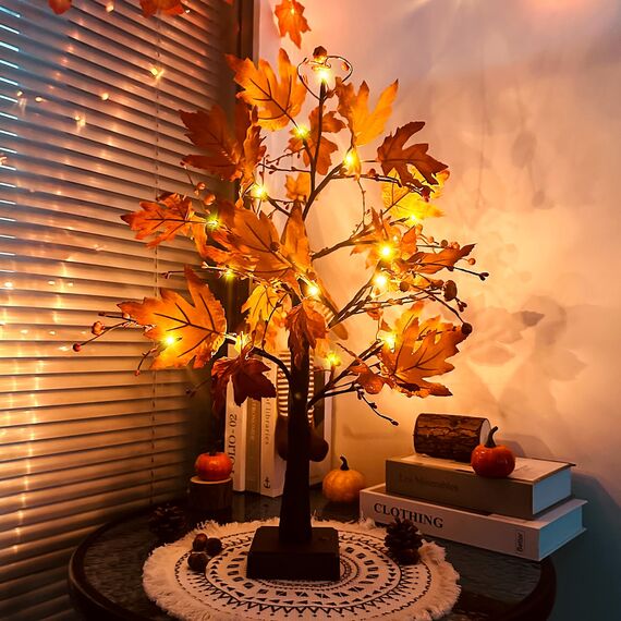 ACAREY Herbstdeko Ahornblatt Baum Lichter, 61cm Herbst Dekoration Lichterbaum Für Innen mit Timer, Herbst Deko Lichterbaum Herbstblätter Kürbis Deko Für Tisch Halloween Herbstdeko Zum Aufhängen