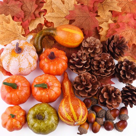 FEPITO 56 Stück Herbst Thanksgiving-Dekorationen, Mini Artificial Kürbisse und Tannenzapfen, Blätter und Eicheln für Party- und Dekorationsausstattung, Halloween und Thanksgiving