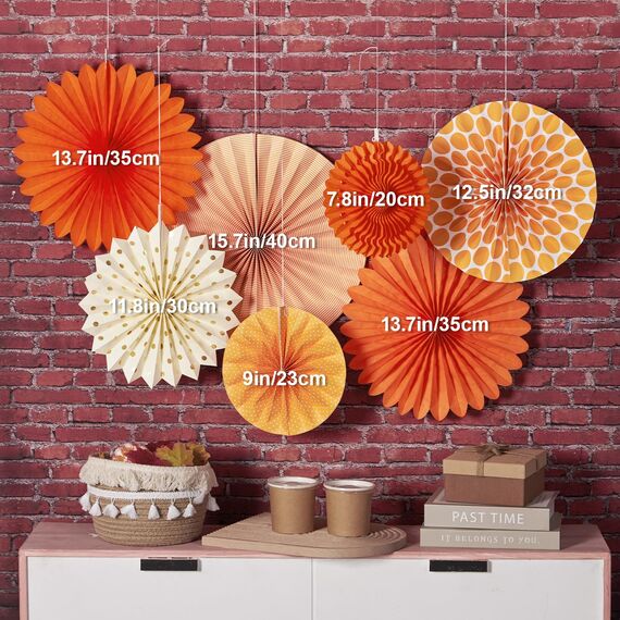 SUNBEAUTY 7er Papier Fächer Dekoration Rot Orange Papierfächer Rosetten Deko Peach Girlande Deko-Serie für Hochzeit Geburtstag Thanksgiving Gartenparty Tischdeko Klassenzimmer