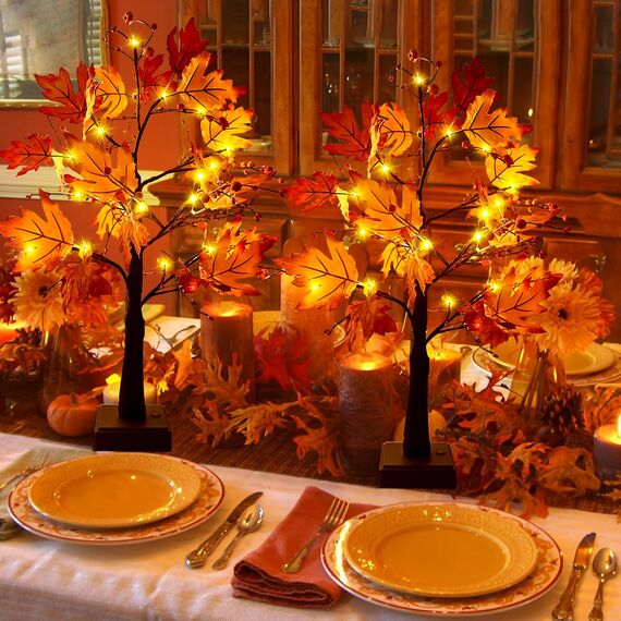 ACAREY Herbstdeko Ahornblatt Baum Lichter, 61cm Herbst Dekoration Lichterbaum Für Innen mit Timer, Herbst Deko Lichterbaum Herbstblätter Kürbis Deko Für Tisch Halloween Herbstdeko Zum Aufhängen
