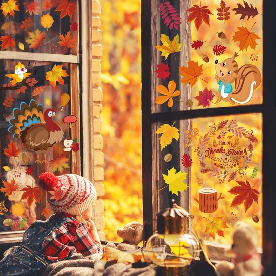 Moxled 159 Stück Fensterbilder Herbst - Zwerg Ahornblatt Herbstdeko Fenster Selbstklebend Aufkleber, Kleintiere Kürbis Truthahn Fensterdeko Herbst für Thanksgiving Herbst Deko