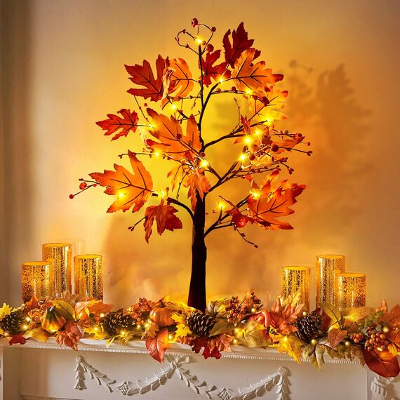 ACAREY Herbstdeko Ahornblatt Baum Lichter, 61cm Herbst Dekoration Lichterbaum Für Innen mit Timer, Herbst Deko Lichterbaum Herbstblätter Kürbis Deko Für Tisch Halloween Herbstdeko Zum Aufhängen