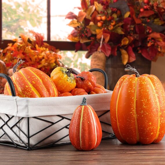Benjia Kürbis Herbst Deko Dekoration Draußen, Groß Mini Orange Kürbisse Zierkürbisse Herbstdeko Herbstdekorationen Halloween (Orange, 16 Stück)