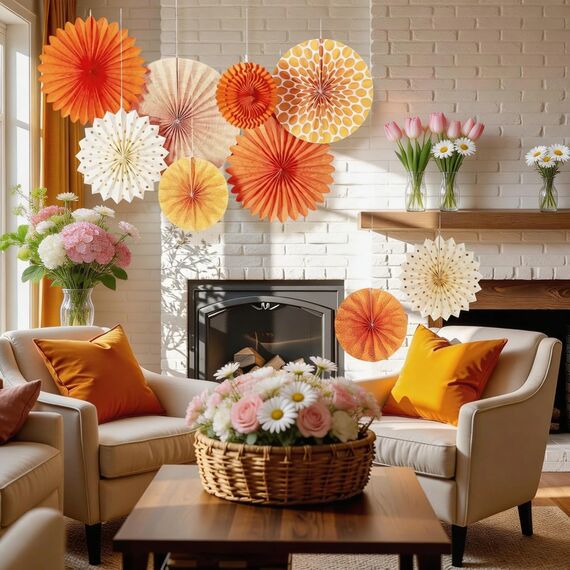SUNBEAUTY 7er Papier Fächer Dekoration Rot Orange Papierfächer Rosetten Deko Peach Girlande Deko-Serie für Hochzeit Geburtstag Thanksgiving Gartenparty Tischdeko Klassenzimmer