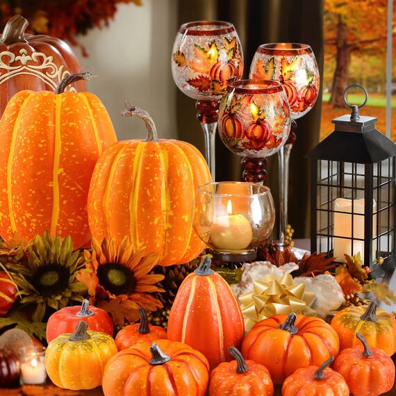 Benjia Kürbis Herbst Deko Dekoration Draußen, Groß Mini Orange Kürbisse Zierkürbisse Herbstdeko Herbstdekorationen Halloween (Orange, 16 Stück)