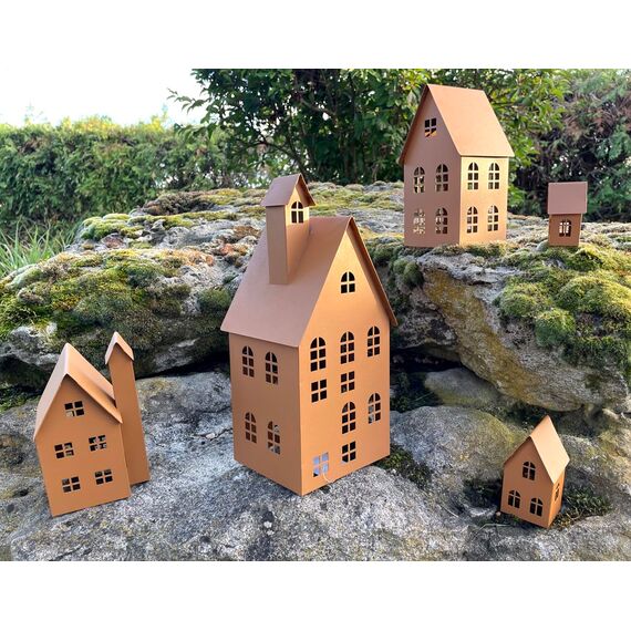 LB H&F 5er Set Häuser Gartendeko Lichthäuser AUFSTELLER Haus Dekoration Dekofigur Herbst Winter Metall Rost (Lichthaus)