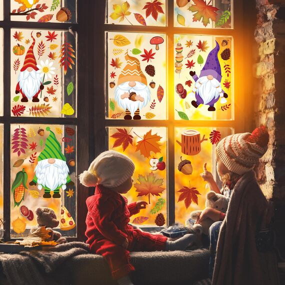 Moxled 159 Stück Fensterbilder Herbst - Zwerg Ahornblatt Herbstdeko Fenster Selbstklebend Aufkleber, Kleintiere Kürbis Truthahn Fensterdeko Herbst für Thanksgiving Herbst Deko