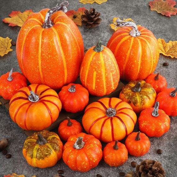 Benjia Kürbis Herbst Deko Dekoration Draußen, Groß Mini Orange Kürbisse Zierkürbisse Herbstdeko Herbstdekorationen Halloween (Orange, 16 Stück)