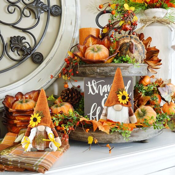 Godeufe 2 Stück Herbstdeko Wichtel Figuren Deko Herbst Dekoration Autumn Zuhause Elf Statue Tomte Urlaub Küche Gestuftes Tablett Party-Dekorationen