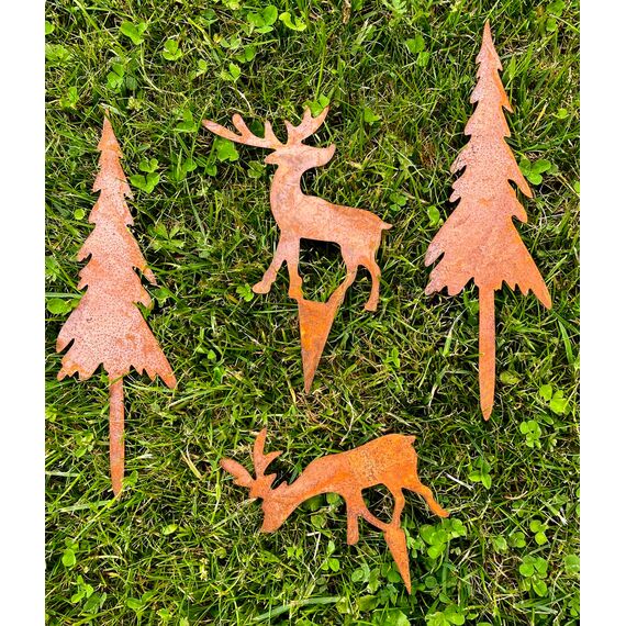 LB H&F 4er Set ROSTSTECKER Elch/Bäume Adventsdeko Weihnachtsdeko Gartendeko Edelrost Tannenbaum Dekoration Hirsch Dekofigur Adventskranz Herbst Winter Metall Rost