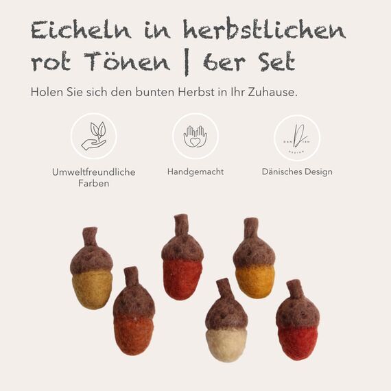 Gry & SIF Herbstanhänger Deko-Eicheln aus Filz, handgemachte skandinavische Herbstdeko, Herbst Dekoration Anhänger, Herbstdeko hängend | rote Eicheln 6er Set