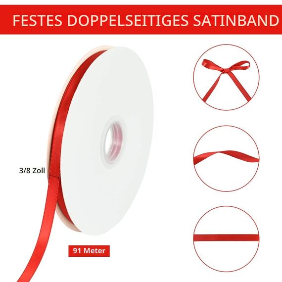 TONIFUL Satinband Rot 10mm, 91 Meters Dekoration Geschenkband Fein Schleifenband, Stoffband für Hochzeit, Taufe und Geburtstag Geschenke Der Valentinstag Verpackung von Geschenken