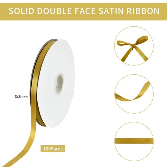 TONIFUL Satinband Dunkelgold 10mm, 91 Meters Dekoration Geschenkband Fein Schleifenband, Stoffband für Hochzeit, Taufe und Geburtstag Geschenke Der Valentinstag Verpackung von Geschenken