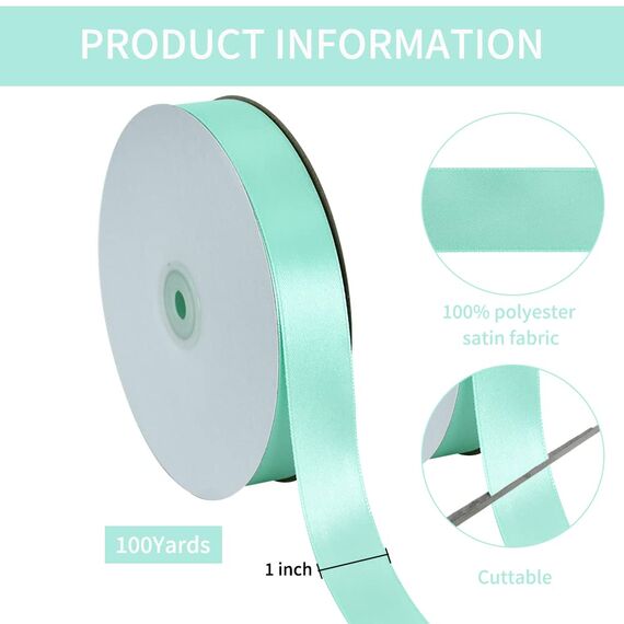 Toniful Satinband, dünnes, einfarbiges Satinband für Geschenkverpackungen, Basteln, Haarschleifen, Hochzeitsdekoration, Einladungskarten, Blumensträuße, 2,5 cm x 91 m, Blaugrün, Türkis, Blau