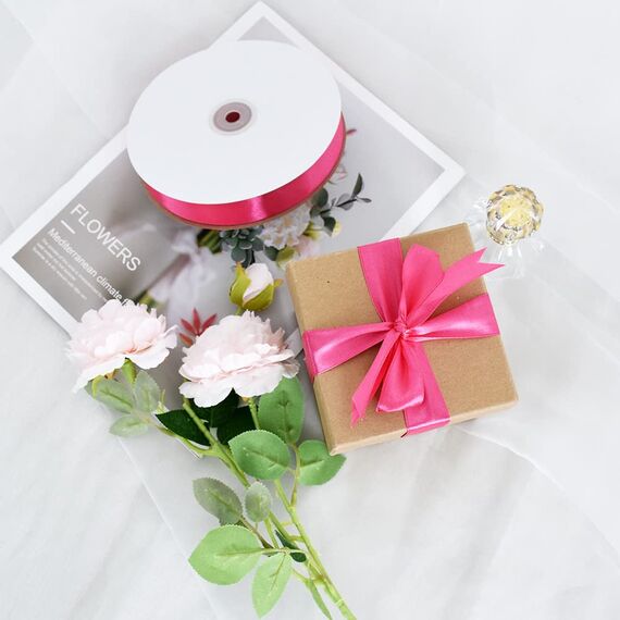 TONIFUL Satin Geschenkband Knallrosa Neon Rosa 2,5cm x 91m, 1 Rolle Schleifenband für Geschenkverpackung und Partydekoration, Hochwertiges Geschenkband Geburtstagsparty