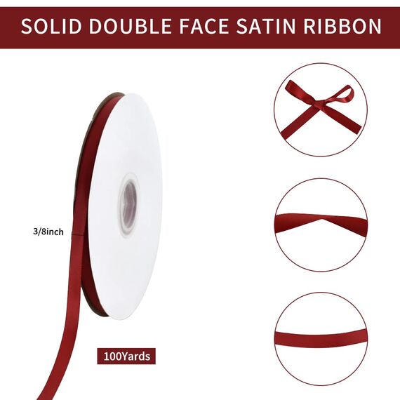 TONIFUL Satinband Dunkelrot 10mm x 91 Meters Dekoration Geschenkband Fein Schleifenband, Stoffband für Hochzeit, Taufe und Geburtstag Geschenke Der Valentinstag Verpackung von Geschenken
