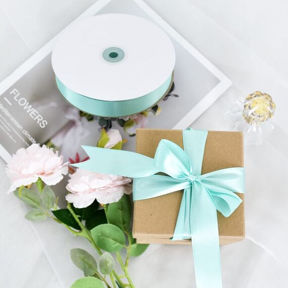 Toniful Satinband, dünnes, einfarbiges Satinband für Geschenkverpackungen, Basteln, Haarschleifen, Hochzeitsdekoration, Einladungskarten, Blumensträuße, 2,5 cm x 91 m, Blaugrün, Türkis, Blau