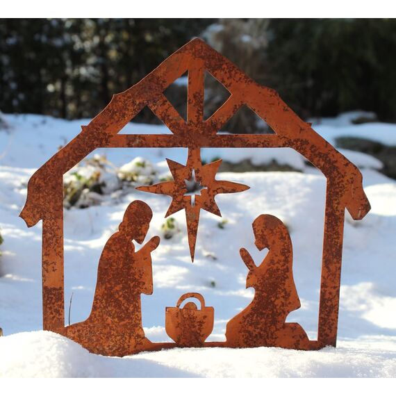 LB H&F Lilienburg Rostkrippe Gartenstecker Krippe Gartenstecker Weihnachtskrippe Winterdeko Weihnachtsdeko edelrost deko Weihnachten Dekoration Weihnachtsdeko Metall (Krippe)