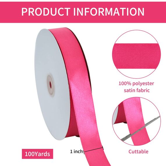 TONIFUL Satin Geschenkband Knallrosa Neon Rosa 2,5cm x 91m, 1 Rolle Schleifenband für Geschenkverpackung und Partydekoration, Hochwertiges Geschenkband Geburtstagsparty