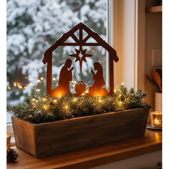 LB H&F Lilienburg Rostkrippe Gartenstecker Krippe Gartenstecker Weihnachtskrippe Winterdeko Weihnachtsdeko edelrost deko Weihnachten Dekoration Weihnachtsdeko Metall (Krippe)