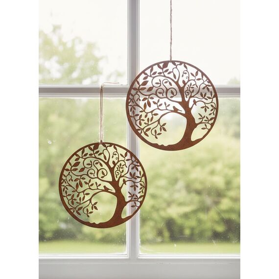 2er Set Baum Lebensbaum Rost Dekohänger Anhänger Hängedeko Herbst Winter Frühling Sommer Baum Fenster Eingang Tür Dekoration