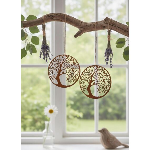 2er Set Baum Lebensbaum Rost Dekohänger Anhänger Hängedeko Herbst Winter Frühling Sommer Baum Fenster Eingang Tür Dekoration