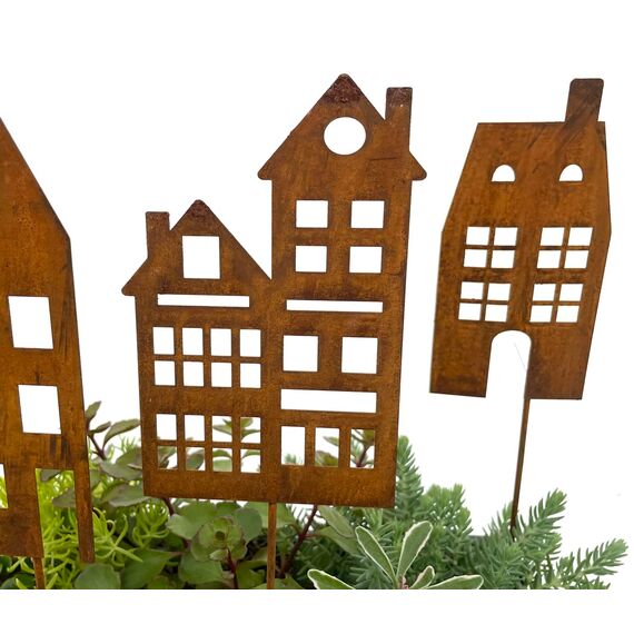 LB H&F Lilienburg 4er Set Häuser Gartenstecker rost Deko Gartendeko Rosthaus edelrost deko Frühling Sommer Dekoration Haus Metall 60 cm