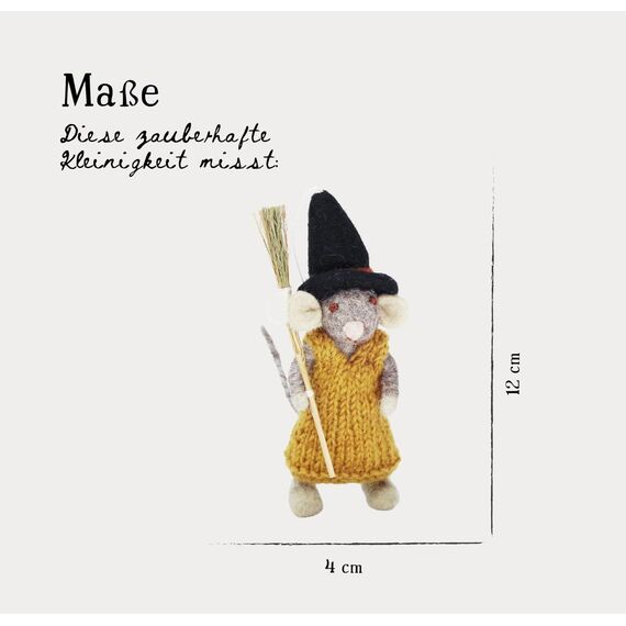 Gry & Sif Handgemacht & Fairtrade-Zertifiziert | Stilvolles dänisches Design X Nepali Kunsthandwerker | Kleine graue Mäusedame mit Besen, Ockerkleid, Kleiner Grauer Mäuserich mit Kürbis, Ockerhose
