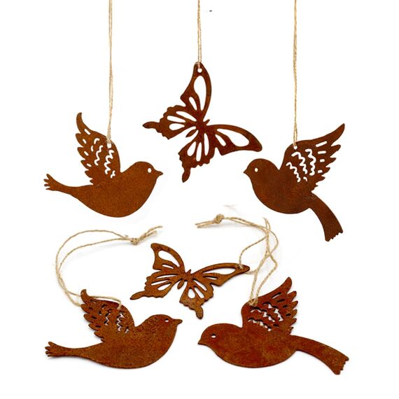 6er Set Lilienburg Dekohänger Anhänger Rost Hängedeko Vogel Vögel Schmetterling Edelrost Deko-Anhänger „Frühlingszauber“ (Mix A)