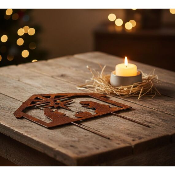 LB H&F Lilienburg Rostkrippe Gartenstecker Krippe Gartenstecker Weihnachtskrippe Winterdeko Weihnachtsdeko edelrost deko Weihnachten Dekoration Weihnachtsdeko Metall (Krippe)