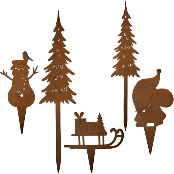 LB H&F Lilienburg 5er Set Gartenstecker Schneemann Schlitten Roststecker Tannenbaum Santa rost Winterdeko Weihnachtsdeko edelrost deko Weihnachten Dekoration Metall klein
