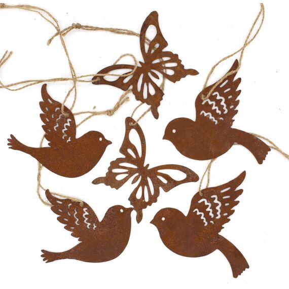 6er Set Lilienburg Dekohänger Anhänger Rost Hängedeko Vogel Vögel Schmetterling Edelrost Deko-Anhänger „Frühlingszauber“ (Mix A)
