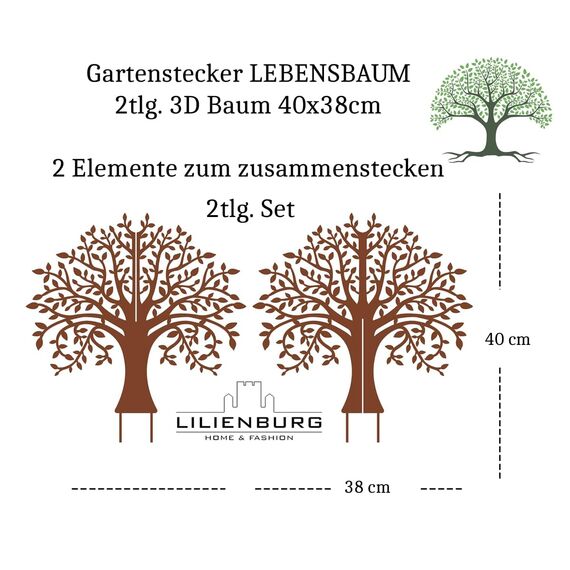 LB H&F Gartenstecker LEBENSBAUM 2tlg. 3D Baum 40x38cm zum stecken Gartendeko Deko Dekoration aus 2 Steckelementen Metall Rost Edelrost