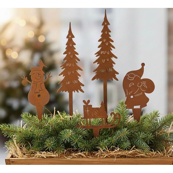 LB H&F Lilienburg 5er Set Gartenstecker Schneemann Schlitten Roststecker Tannenbaum Santa rost Winterdeko Weihnachtsdeko edelrost deko Weihnachten Dekoration Metall klein