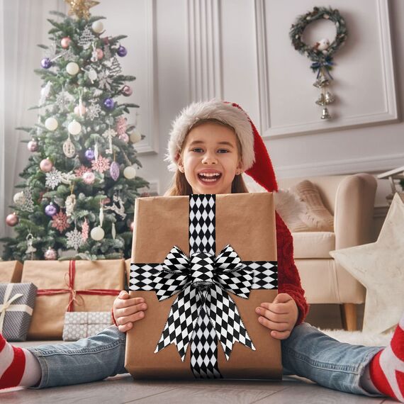 2 Rollen Weihnachten Kariertes Band Schwarz und Weiß Kariert Band Diamant Karo Drahtkante Band Diamant Muster Dekorative Bänder für Weihnachten Herbst Baum Wrapping DIY Handwerk (4,8 cm)