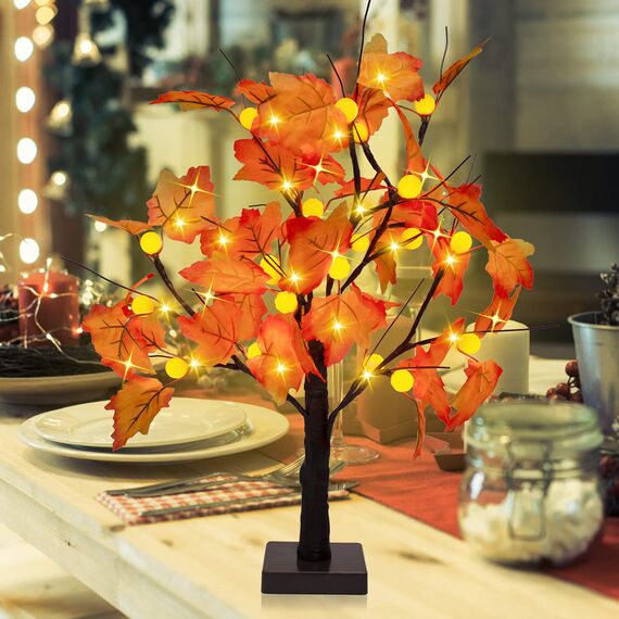 Künstlicher Herbst beleuchteter Ahornbaum 24 LED Kürbislichter Halloween Thanksgiving Dekorationen Tischlichter Batteriebetrieben fürDekoration Hochzeit Party Geschenke Indoor Outdoor Ernte Home Decor