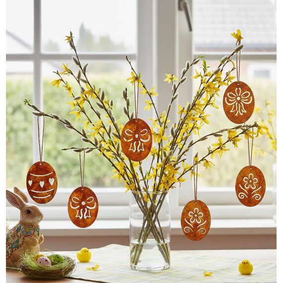 LB H&F 6er Set Osterei Anhänger Ostereier Rost Ostern Deko Metall zum Hängen