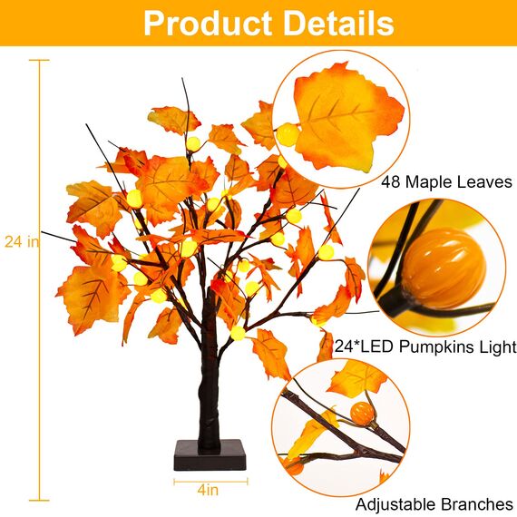 Künstlicher Herbst beleuchteter Ahornbaum 24 LED Kürbislichter Halloween Thanksgiving Dekorationen Tischlichter Batteriebetrieben fürDekoration Hochzeit Party Geschenke Indoor Outdoor Ernte Home Decor