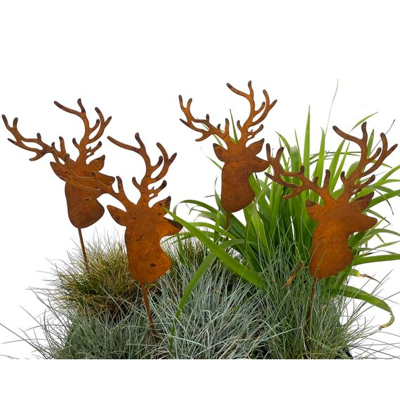 LB H&F Lilienburg 4er Set Hirsch Geweih Gartenstecker rost Hirschkopf Weihnachtsdeko Rosthirsch edelrost deko Metall (4er Set Hirsch)