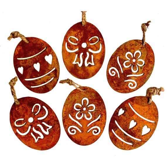 LB H&F 6er Set Osterei Anhänger Ostereier Rost Ostern Deko Metall zum Hängen