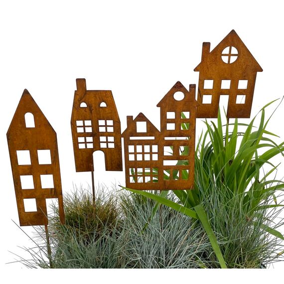 LB H&F Lilienburg 4er Set Häuser Gartenstecker rost Deko Gartendeko Rosthaus edelrost deko Frühling Sommer Dekoration Haus Metall 60 cm