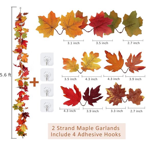 2 Stück Künstliche Ahornblatt Girlande,Künstliche Herbst Herbst Ahornblatt,Party Kamin Dekoration unechte Herbstlaub Herbstblätter für drinnen und draußen Hochzeit Erntedankfest Abendessen (A)