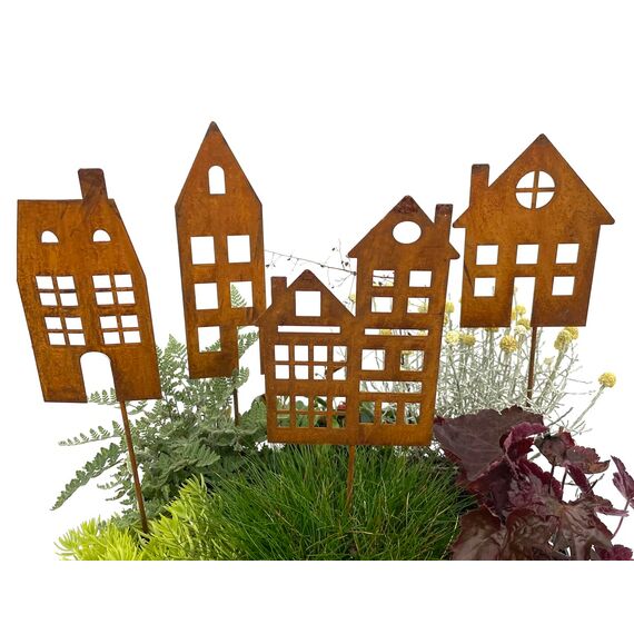 LB H&F Lilienburg 4er Set Häuser Gartenstecker rost Deko Gartendeko Rosthaus edelrost deko Frühling Sommer Dekoration Haus Metall 60 cm