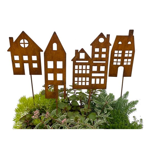 LB H&F Lilienburg 4er Set Häuser Gartenstecker rost Deko Gartendeko Rosthaus edelrost deko Frühling Sommer Dekoration Haus Metall 60 cm